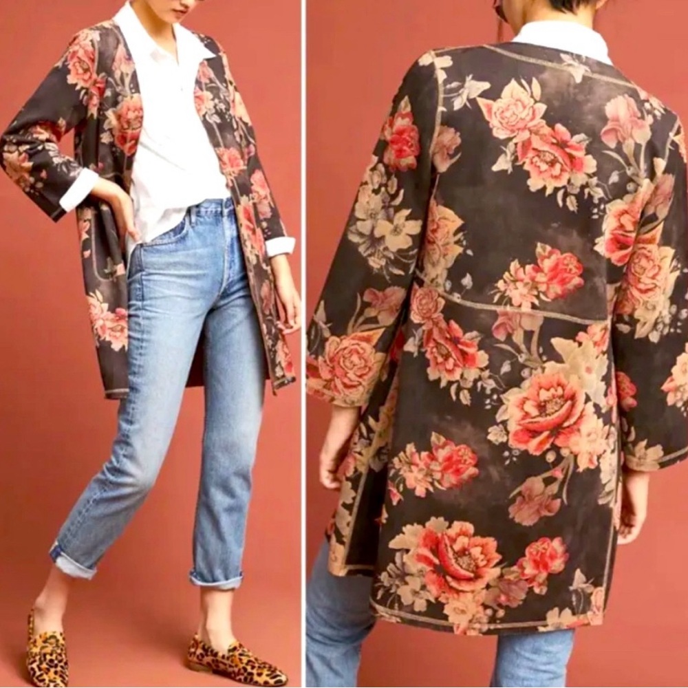 NWOT Anthropologie Monarc Floral Micro-Suede Open-Front Kimono Jacket.